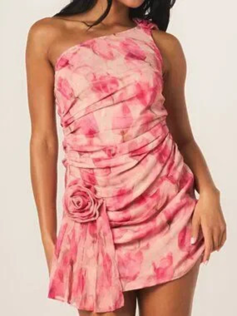 Multicolor Boho Women's Pastel Floral One-Shoulder Ruched Mini Dress with Drape